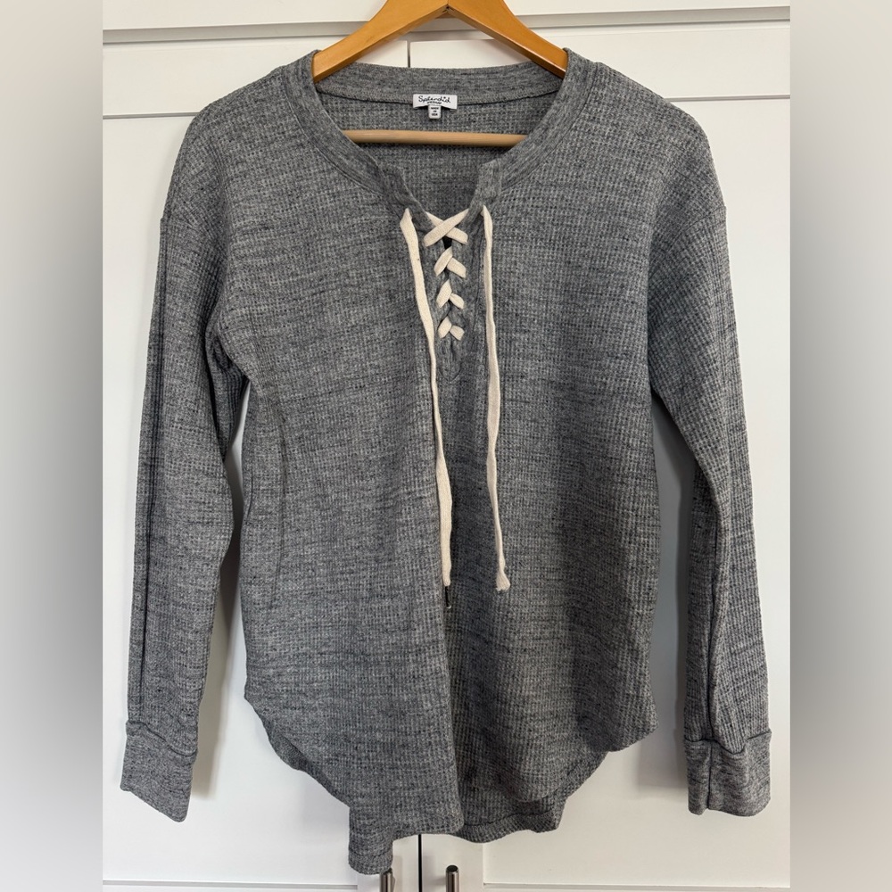 Splendid Gray Lace-Up long sleeve waffle top M